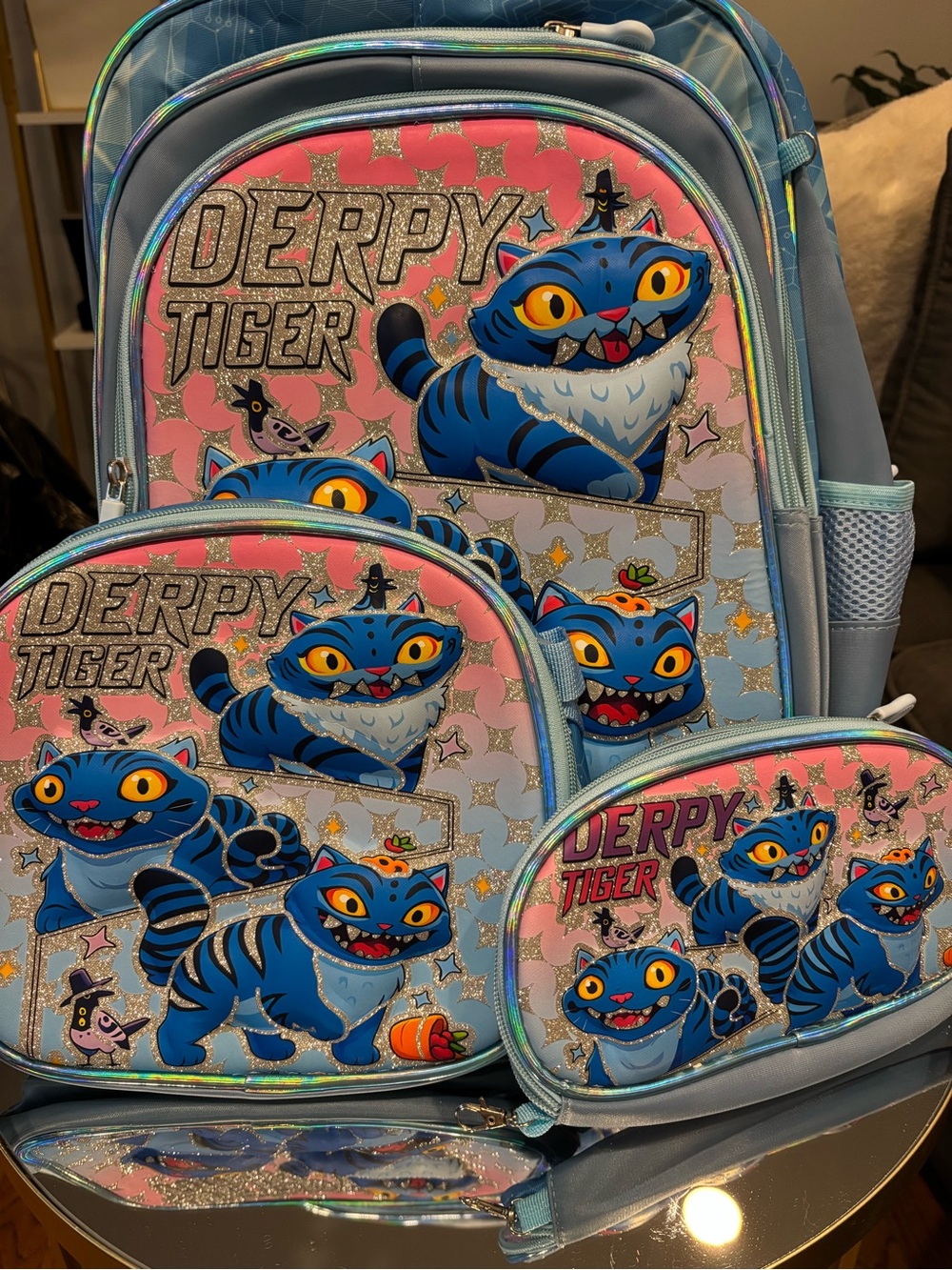 Derpy Tiger Kids Backpack Set - Blue/Pink